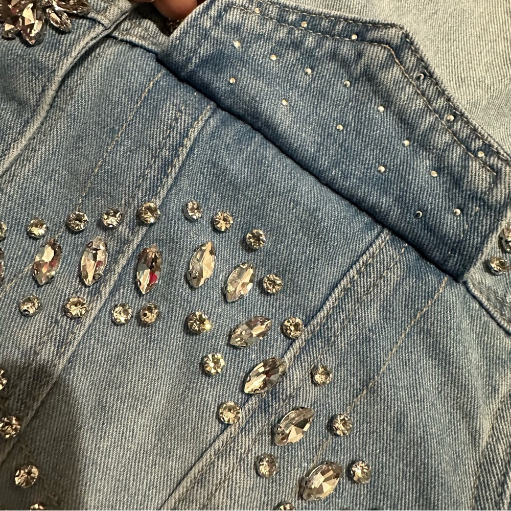 Rhinestone Studded Light Blue Denim Crop Jacket - Picture 6 of 8